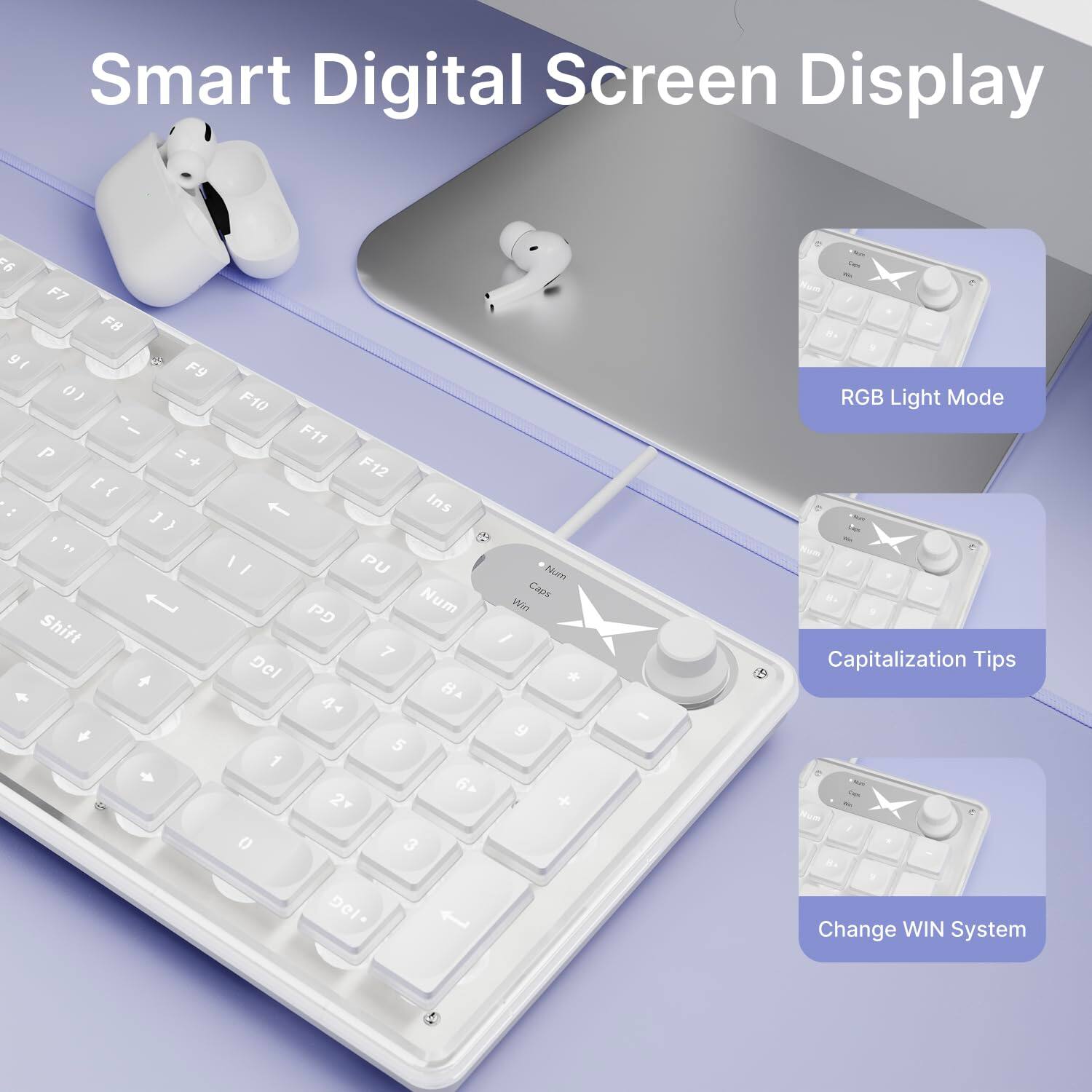 Smart Digital Screen Display

- RGB Light Mode
- Capitalization Tips
- Change WIN System