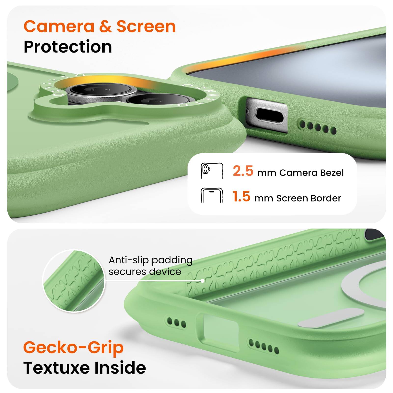 Camera & Screen Protection  
2.5 mm Camera Bezel  
1.5 mm Screen Border  
Anti-slip padding secures device  
Gecko-Grip Textuxe Inside