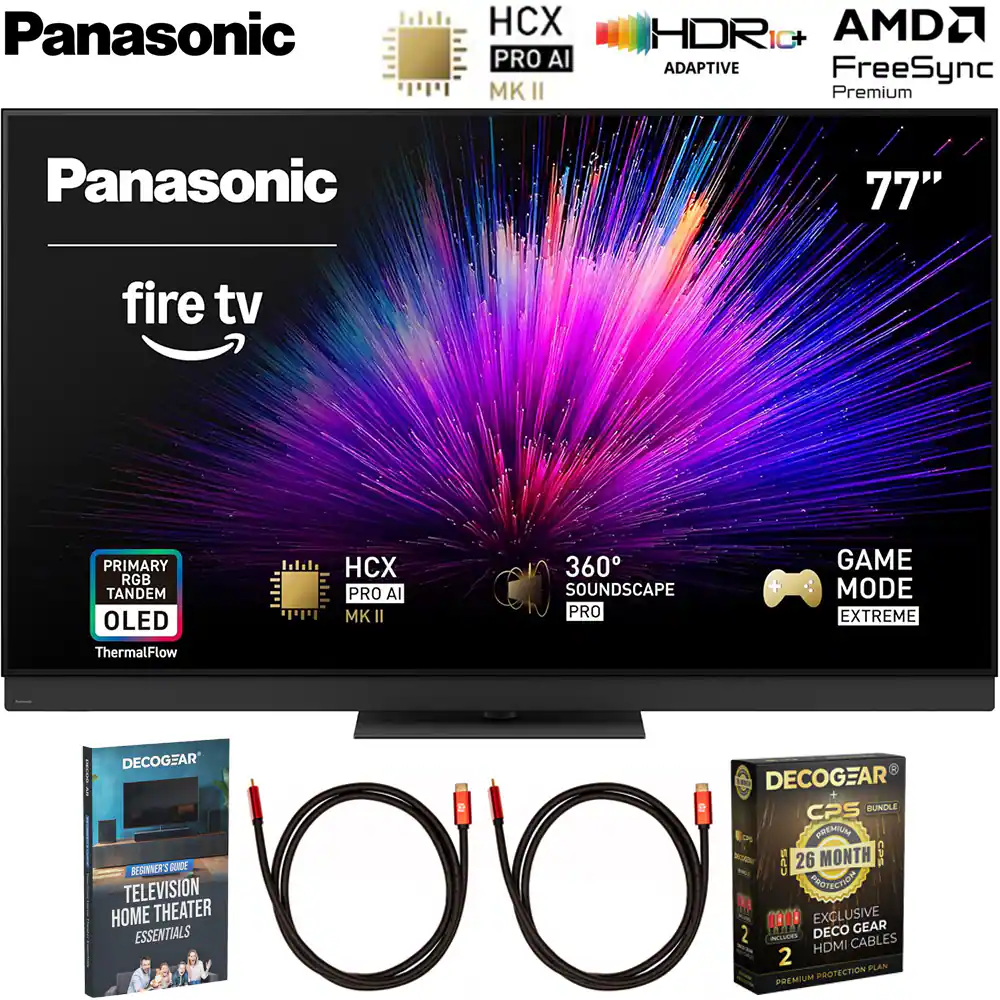 Panasonic HCX PRO AI MK II HDRIc+ AMD FreeSync Premium  
77" fire tv  
PRIMARY RGB TANDEM OLED ThermalFlow  
360° SOUNDSCAPE PRO  
GAME MODE EXTREME  
DECOCGEAR BESINNER'S BUDE TELEVISION HOME THEATER ESSENTIALS  
DECOCGEAR CPS BUNDLE  
26 MONTH PREMIUM PROTECTION  
DECOCGEAR HDMI CABLES 2 PLAN PREMIUM PROTECTION