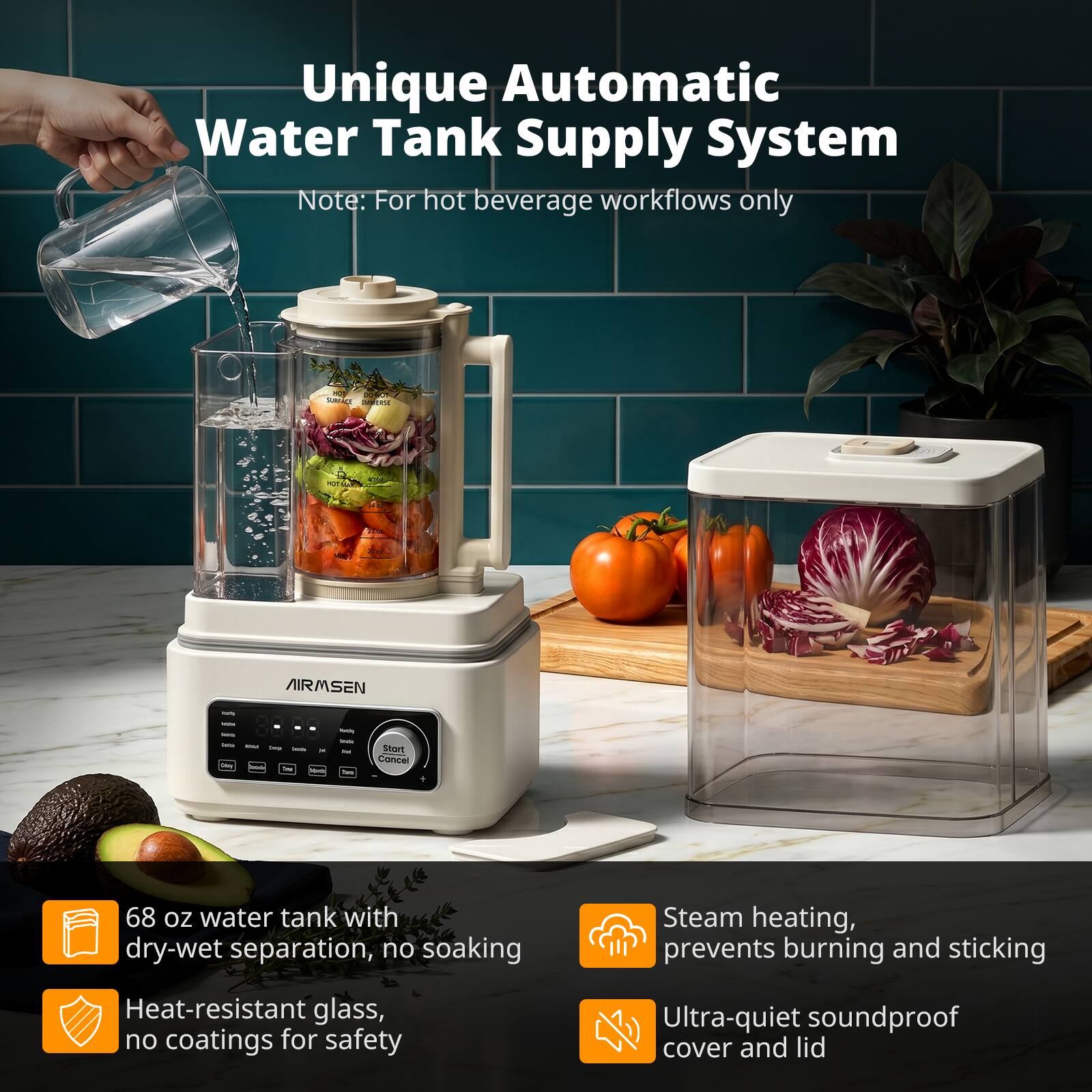 Unique Automatic Water Tank Supply System  
Note: For hot beverage workflows only  

- 68 oz water tank with dry-wet separation, no soaking  
- Heat-resistant glass, no coatings for safety  
- Steam heating, prevents burning and sticking  
- Ultra-quiet soundproof cover and lid