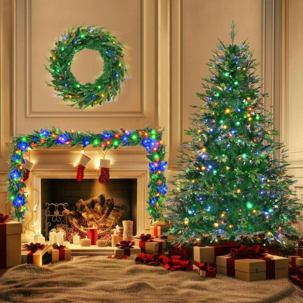 Alt View 7. Resenkos - 6ft Pre-Lit Aspen Fir Christmas Tree Bundle with Wreath and Garland, 380 Multi-Color LED Lights, Green - Green.
