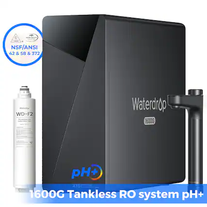 C WAirE ALIY . - + NSF/ANSI 42 & 58 & 372 waterdrop WD-F2 e-GAimane and Cartum bors i ceocec mod - - | Waterdrop 1600G - - - - - - pH+ aterdrap X16 Waterdrop doversa daman Symem 1600G Tankless RO system pH+