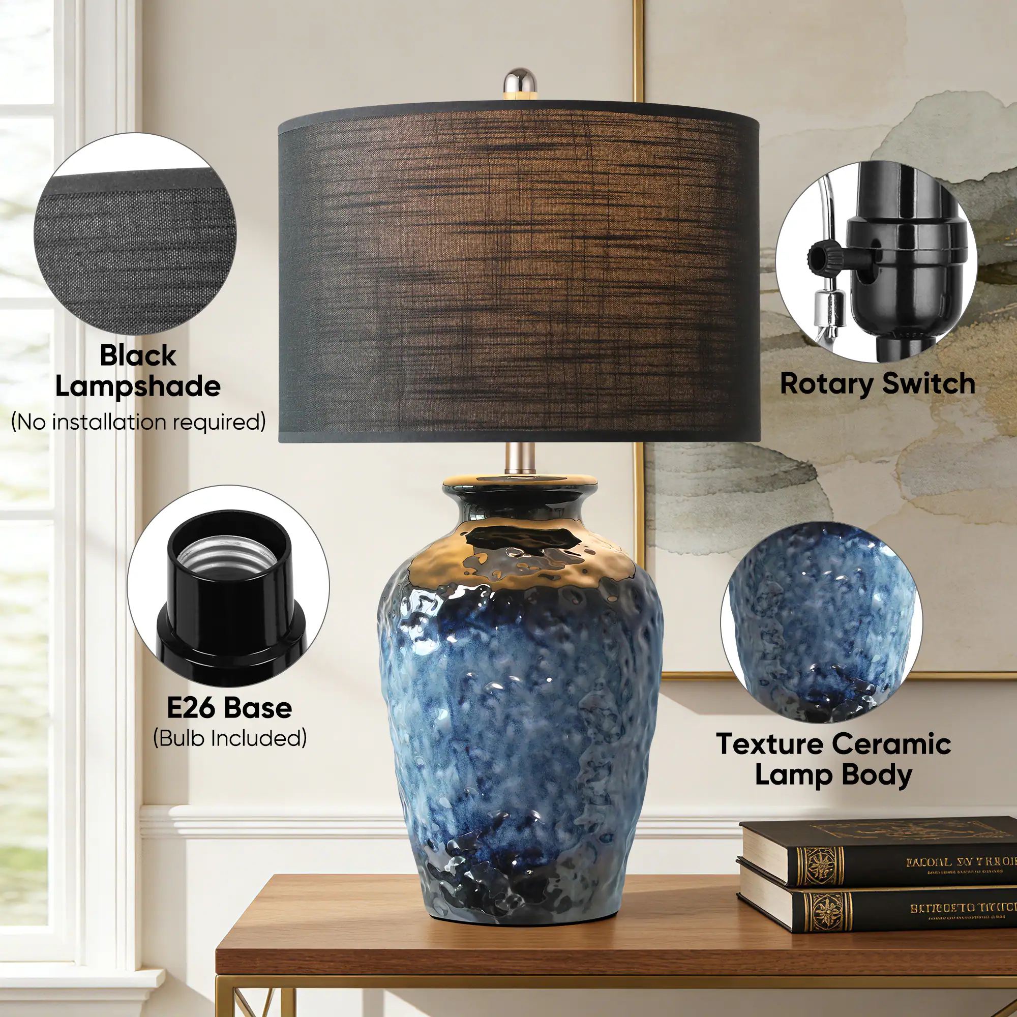Black Lampshade (No installation required)  
Rotary Switch  
E26 Base (Bulb Included)  
Texture Ceramic Lamp Body  

FACOAL DV I SAMERA - -  
BITROETO mirci www.menicahare.com .. de - JAVA