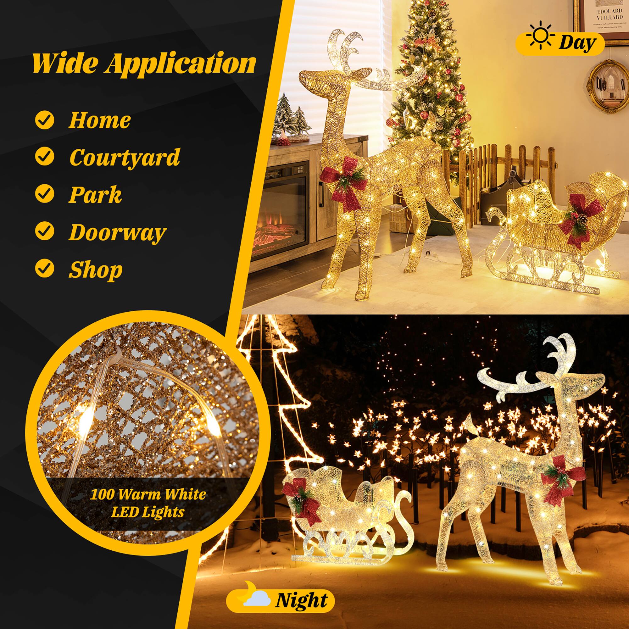 Wide Application: This product is suitable for various settings, including homes, courtyards, parks, and doorways. It can also be used in shops to create a festive atmosphere.

100 Warm White LED Lights: The lights are designed to provide a warm, inviting ambiance, making them perfect for creating a cozy and comfortable environment.

Night: The lights are particularly effective during nighttime, as they can illuminate the surroundings and create a visually appealing display.