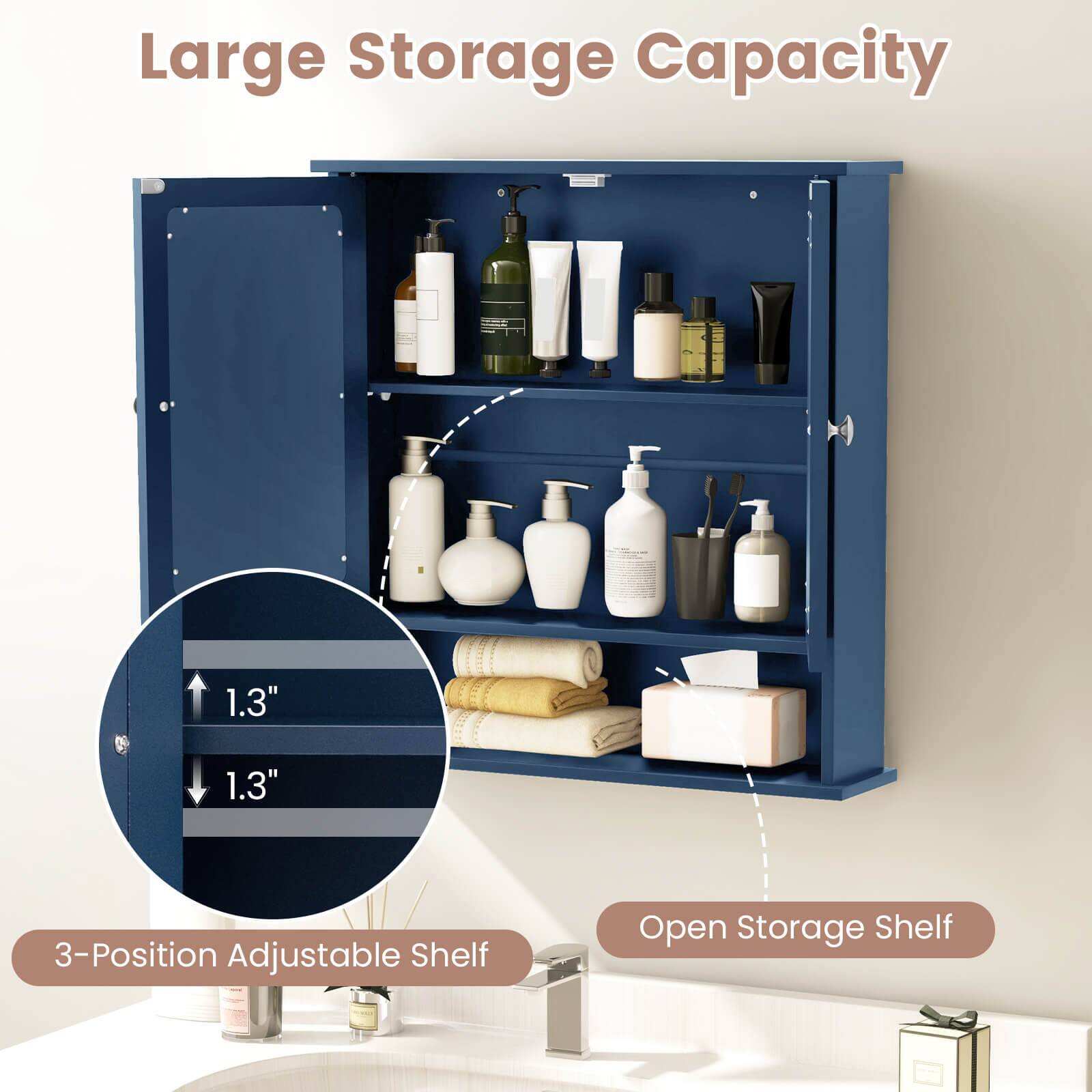 Large Storage Capacity  
1.3"  
1.3"  
3-Position Adjustable Shelf  
Open Storage Shelf