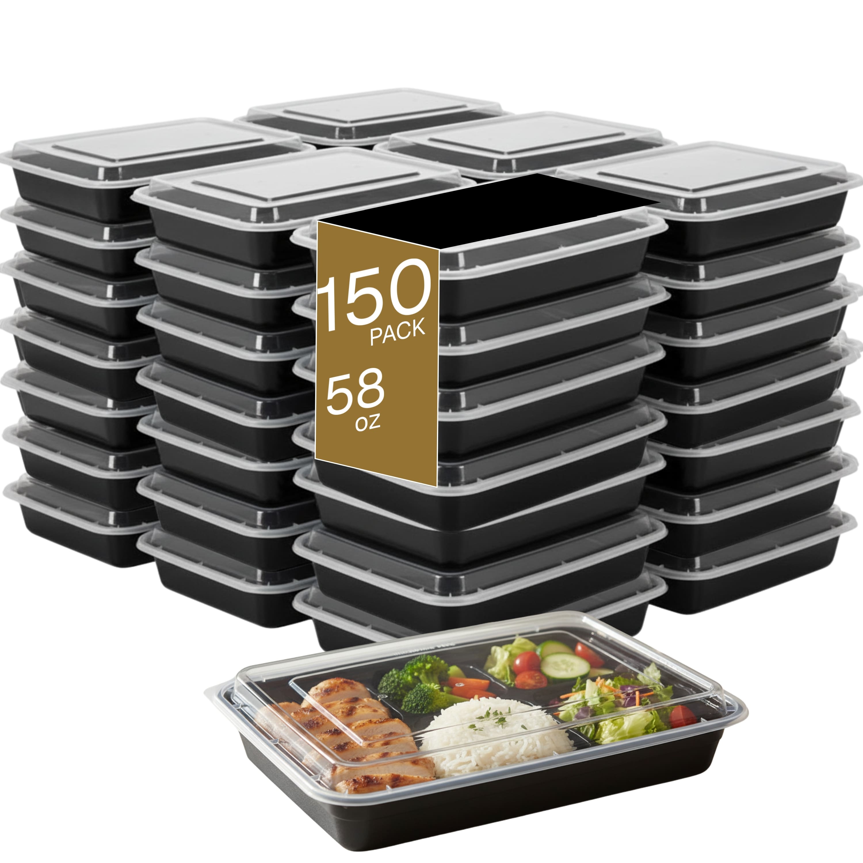 Eco Harmony Products - Microwaveable Container (Shallow) with Lid, 58oz, 150-Pack - Black