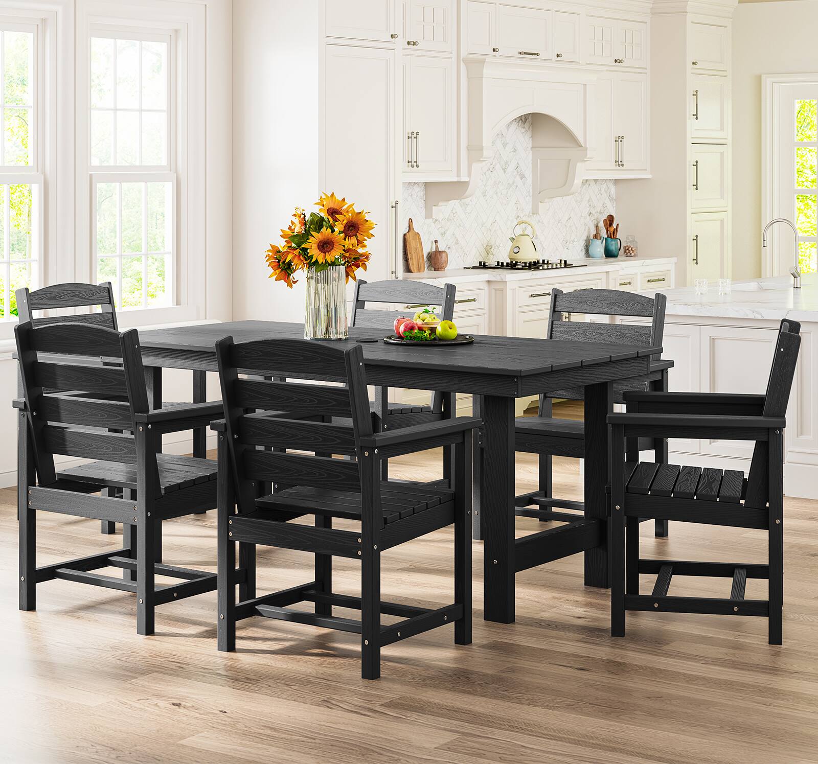 Alt View 5. SERWALL - 7 Pcs Outdoor Dining Set, Outdoor Dining Furniture with Rectangular Table & 6 Chairs, All-Weather Resistant Dining Set - Black.