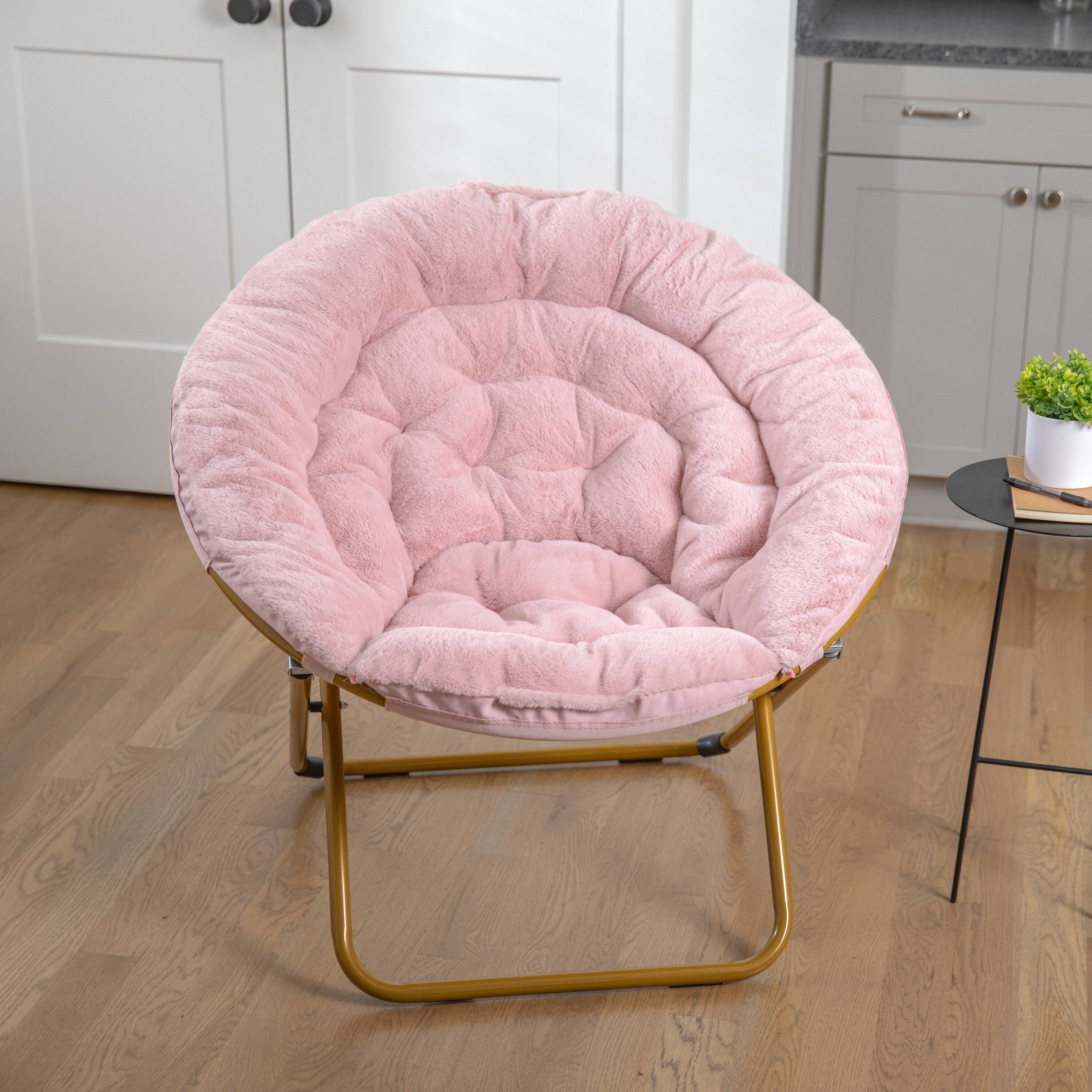 Alt View 1. Emma + Oliver - Ersa Oversize Folding Saucer Chair with Cozy Faux Fur Cushion and Metal Frame for Dorms, Bedrooms, Apartments and More - Blush Faux Fur/Soft Gold Frame.