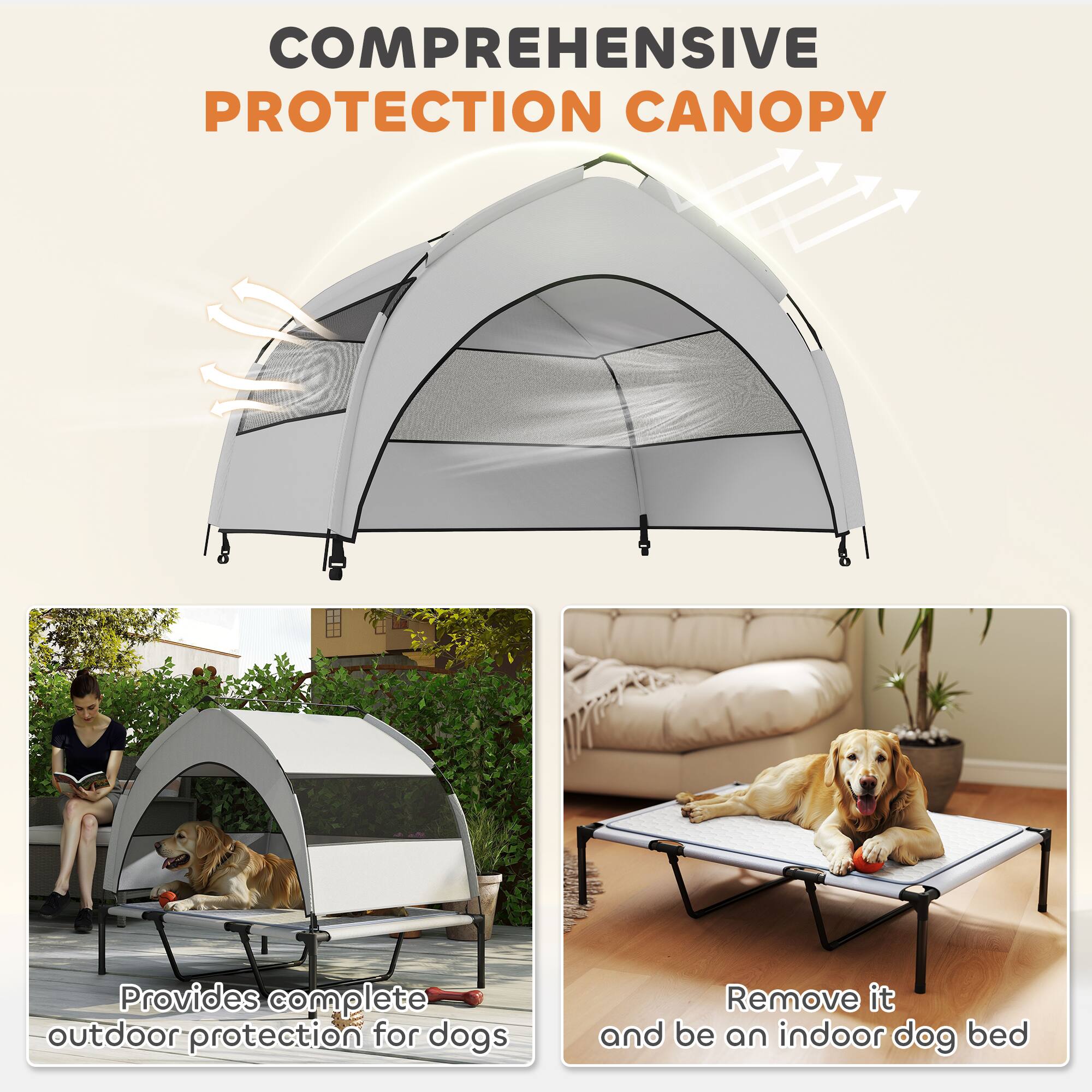 COMPREHENSIVE PROTECTION CANOPY

Provides complete outdoor protection for dogs

Remove it and be an indoor dog bed