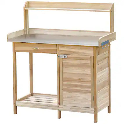 Front. Outsunny - Outdoor Potting Bench Table, Garden Work Station with Storage Cabinet, Open Shelf and Steel Tabletop - Natural Wood.