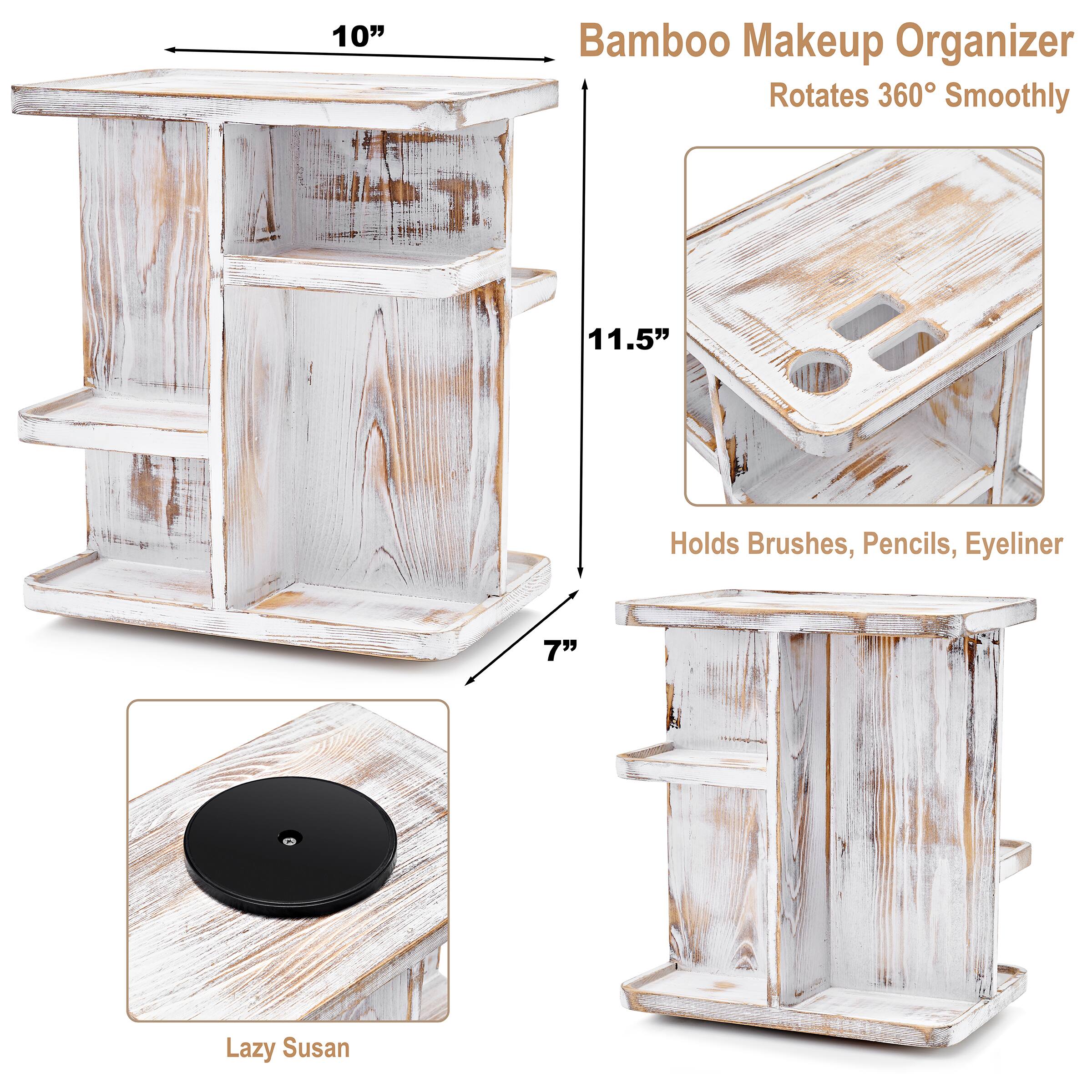 Bamboo Makeup Organizer  
Rotates 360° Smoothly  

10"  
11.5"  
7"  

Holds Brushes, Pencils, Eyeliner  

Lazy Susan