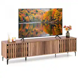Costway - 4-Door TV Stand for 80 Inches TVs, Mid Century Modern Entertainment Center - Walnut
