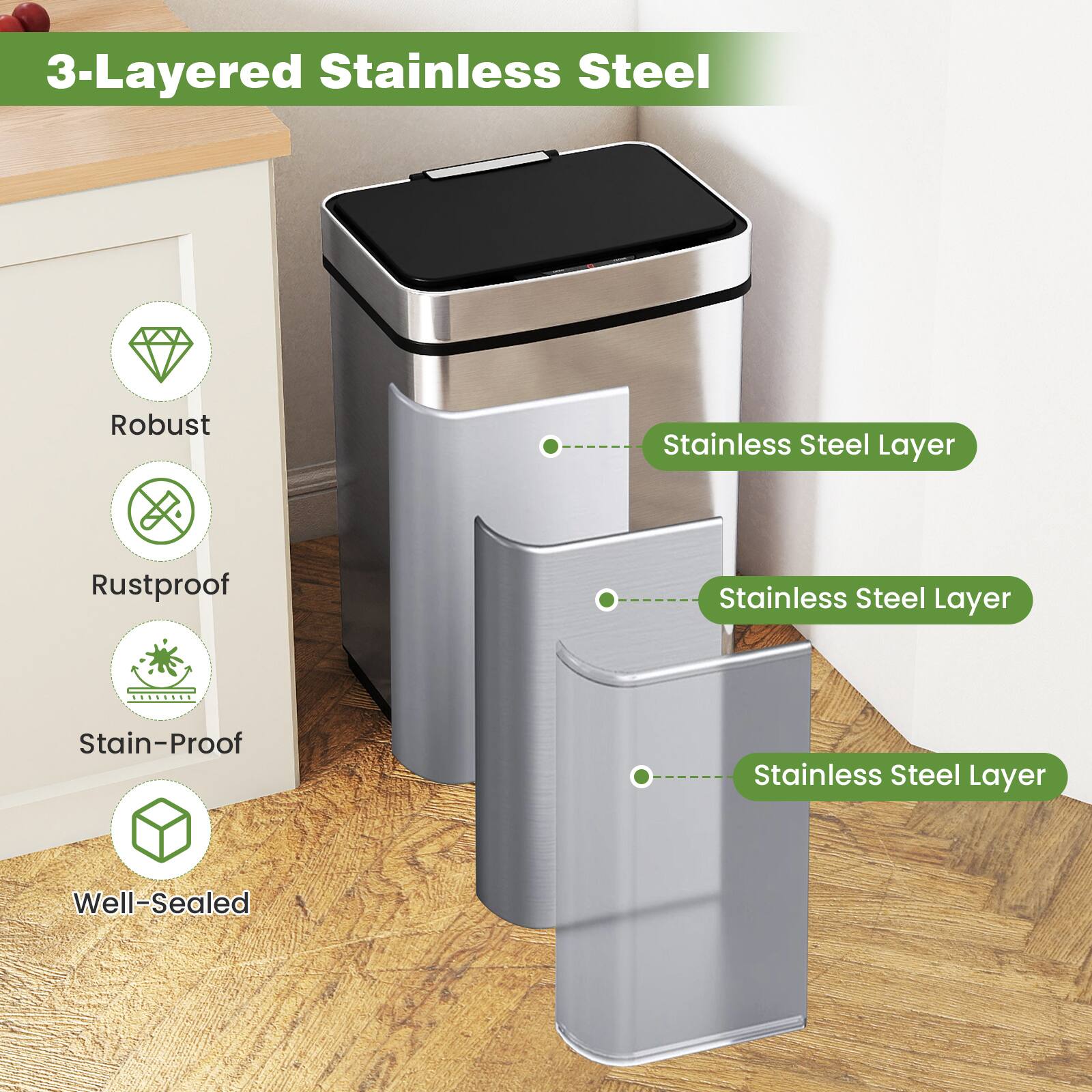 3-Layered Stainless Steel

- Robust Stainless Steel Layer
- Rustproof Stainless Steel Layer
- Stain-Proof Stainless Steel Layer
- Well-Sealed