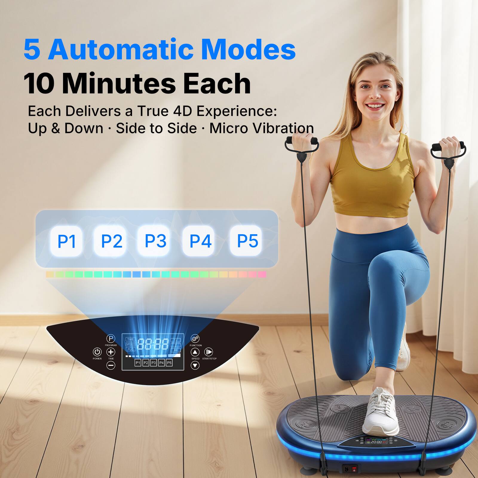 5 Automatic Modes  
10 Minutes Each  
Each Delivers a True 4D Experience:  
Up & Down • Side to Side • Micro Vibration  

P1 P2 P3 P4 P5  

TK FTA 88:88
