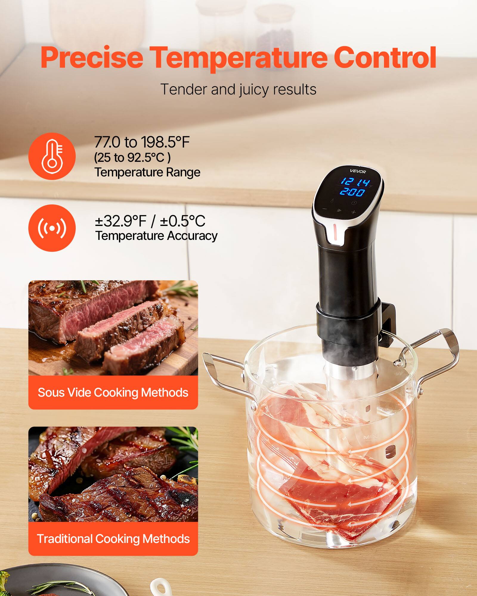 Precise Temperature Control  
Tender and juicy results  

77.0 to 198.5°F (25 to 92.5°C) Temperature Range  

±32.9°F / ±0.5°C Temperature Accuracy  

Sous Vide Cooking Methods  

Traditional Cooking Methods