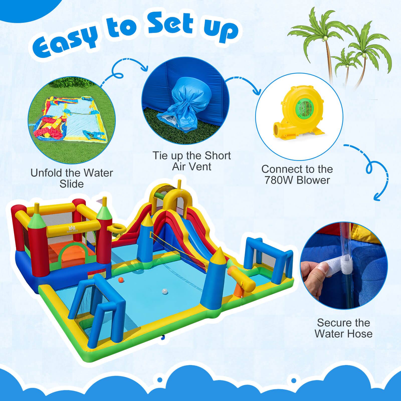 Easy to Set up

1. Unfold the Water Slide
2. Tie up the Short Air Vent
3. Connect to the 780W Blower
4. Secure the Water Hose