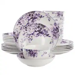 Elama - Traditional Rose 24 Piece Porcelain Double Bowl Dinnerware Set - Purple