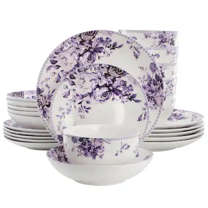 Front. Elama - Elama Traditional Purple Rose 24 Piece Porcelain Double Bowl Dinnerware Set - Purple.