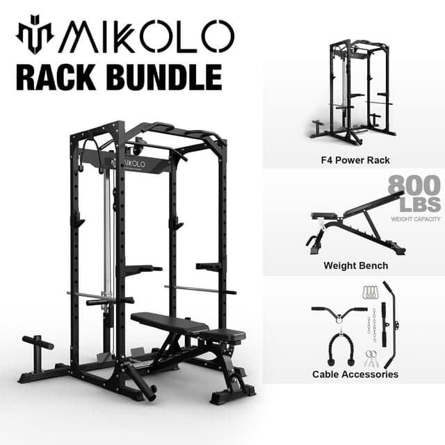 Mikolo - Power Rack Cage with LAT Pulldown System,1200 lbs Capacity Power Rack with 800 lbs Capacity Weight Bench - Black