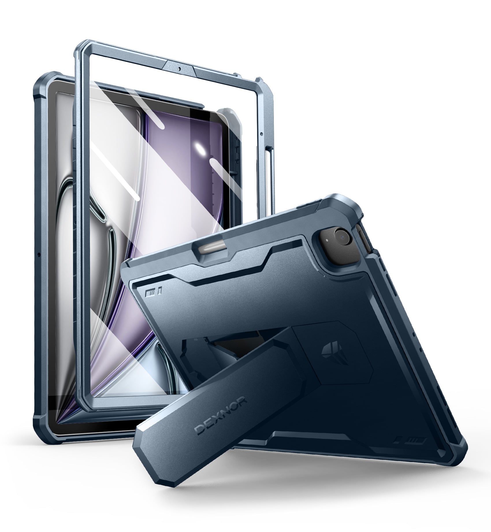 Dexnor - Case for iPad Air 13” M4/M3/M2 with 360° Rotating Hand Strap& Screen Protector Shockproof Full-Body Bumper Cover - Navy Blue