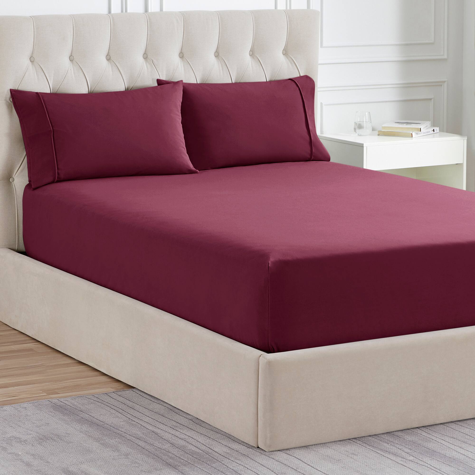 Left. Sweet Home Collection - Solid Flannel Fitted Sheet, Bottom Sheets with Built in Sheet Straps, King - Burgundy.