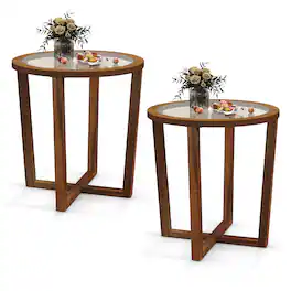 Gymax - 2PCS Modern Round End Table w/ Transparent Tempered Glass Top Solid Wood Legs - Brown