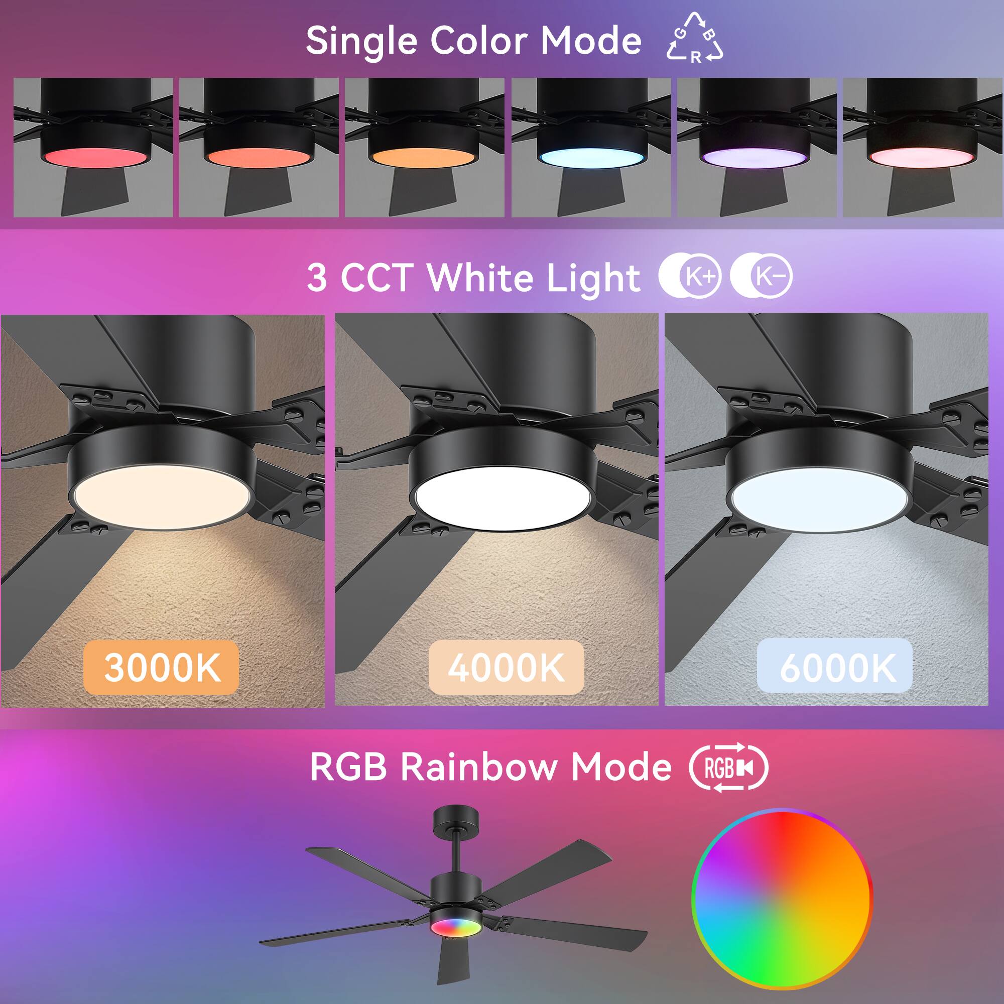 Single Color Mode  
3 CCT White Light  
K+ K-  
3000K 4000K 6000K  
RGB Rainbow Mode