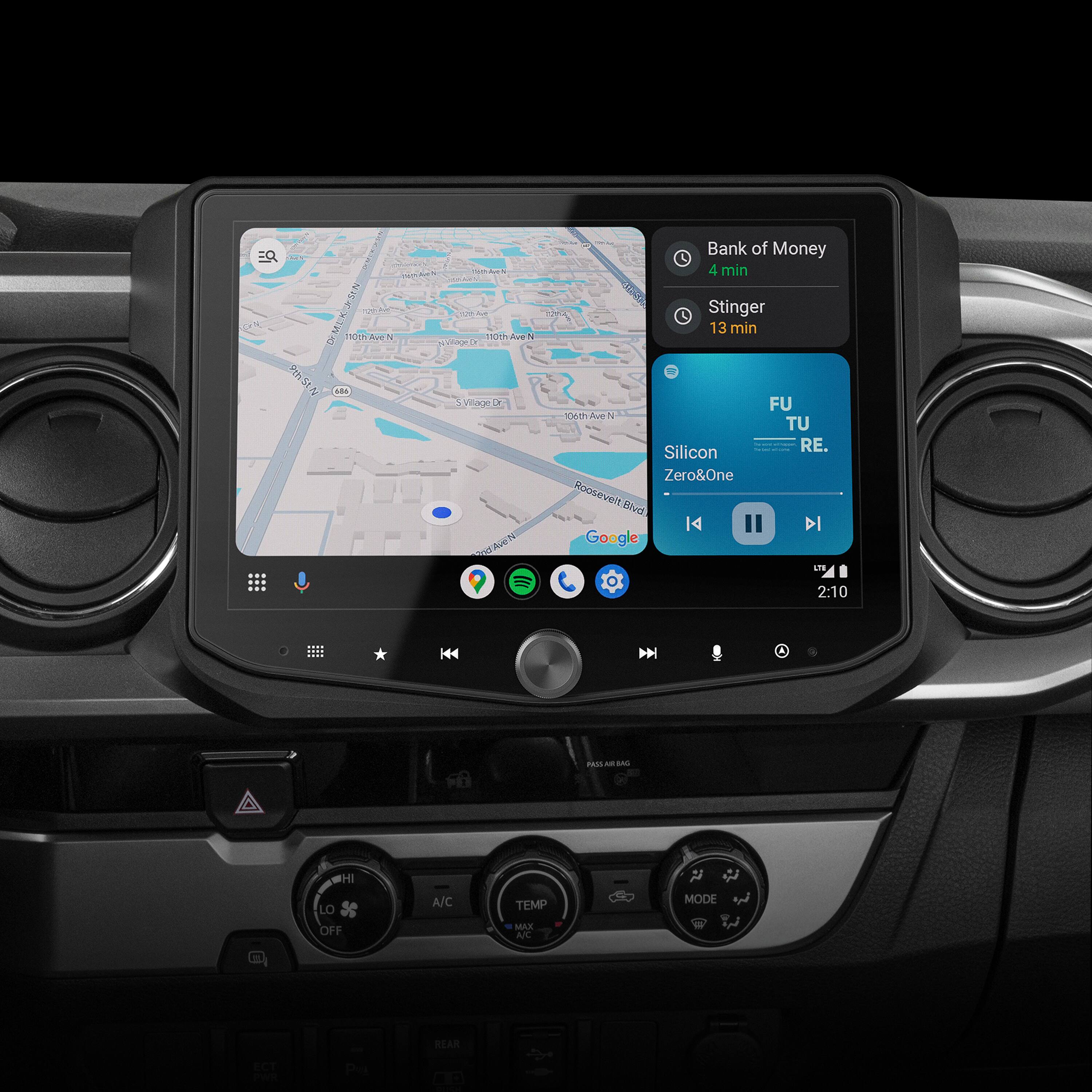 The text on the image reads:

"Bank of Money 12 min Stinger 13 min FU 12 min Silicon 14 min Zero&One Roosevelt Blvd 4 min Google 2:10 144 A/C TEMP MAX AFC MODE REAR"