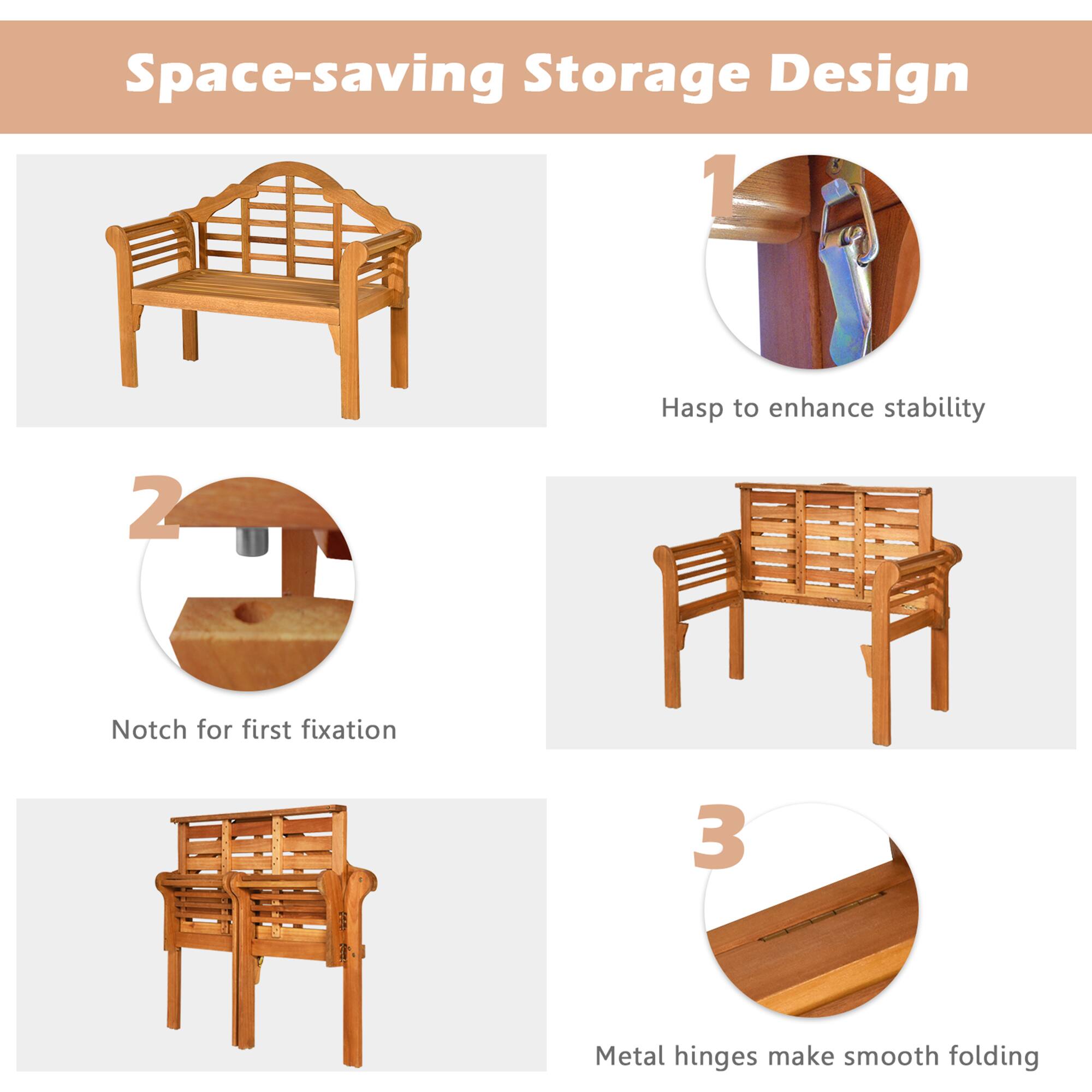 Space-saving Storage Design

1. Hasp to enhance stability
2. Notch for first fixation
3. Metal hinges make smooth folding