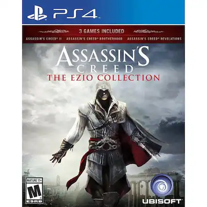 PS4
3 GAMES INCLUDED
ASSASSIN'S CREED II
ASSASSIN'S CREED BROTHERHOOD
ASSASSIN'S CREED REVELATIONS
ASSASSIN'S CREED THE EZIO COLLECTION
MATURE 17+
ESRB
UBISOFT - M (Mature 17+)