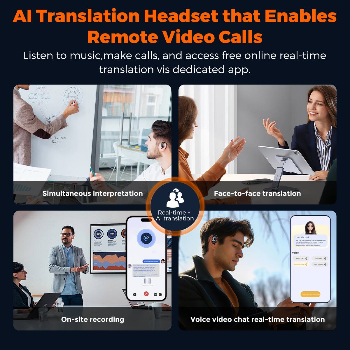 AI Translation Headset that Enables Remote Video Calls Listen to music, make calls, and access free online real-time translation vis dedicated app. Simultaneous interpretation Face-to-face translation Real-time + AI translation On-site recording Voice video chat real-time translation