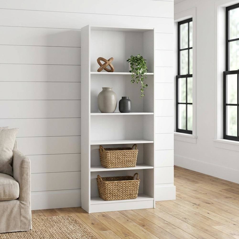 Angle. FurniFact - Tall Wide 5 Shelf Bookcase with Adjustable Shelves and Metal Pulls - White.