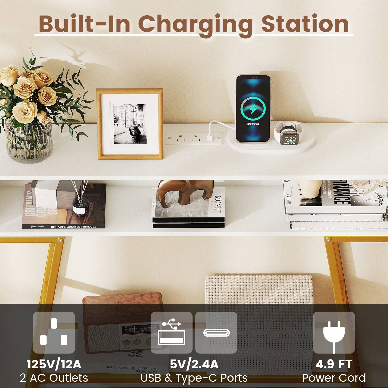 Built-In Charging Station

- 125V/12A
- 2 AC Outlets
- 5V/2.4A USB & Type-C Ports
- 4.9 FT Power Cord