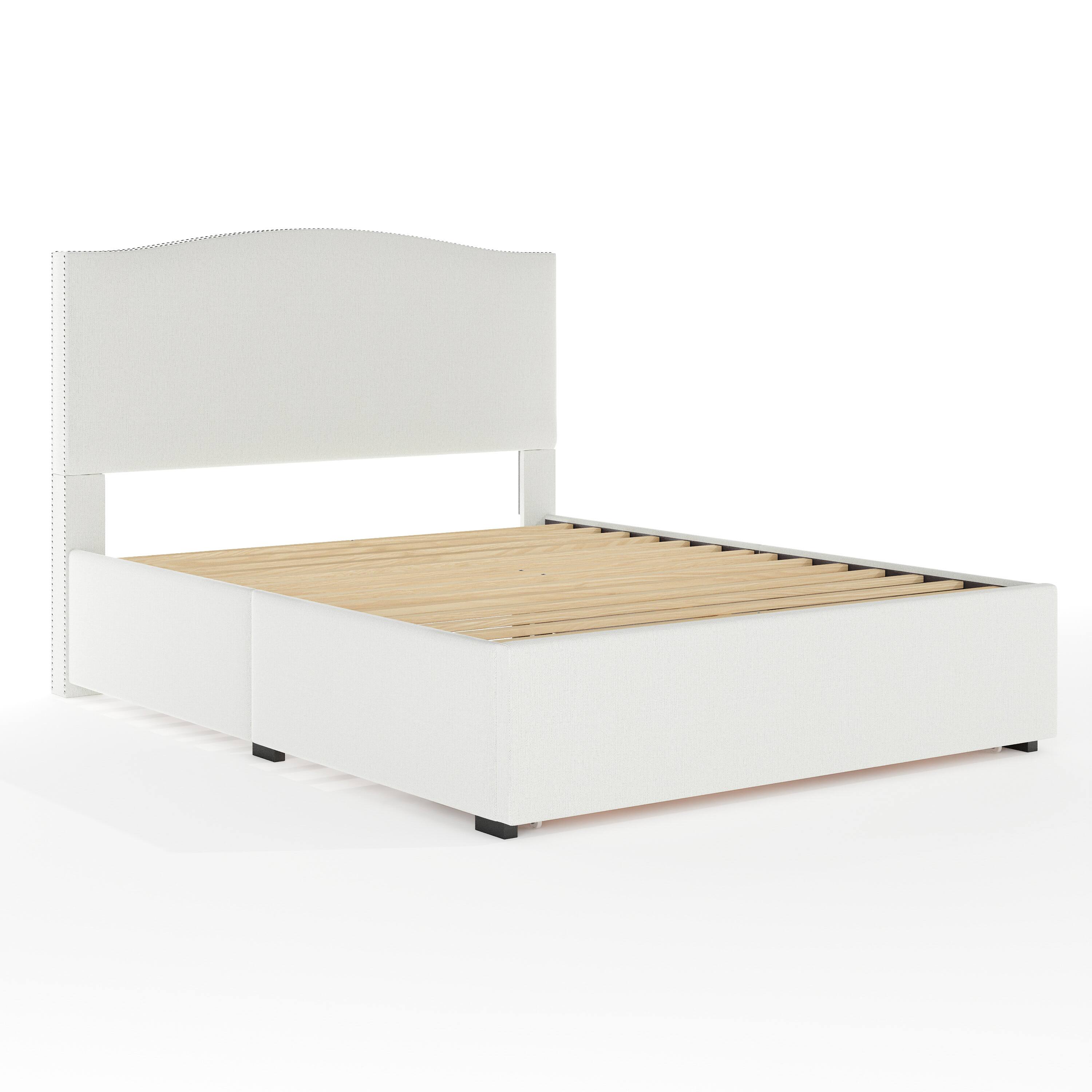 Alt View 1. Martha Stewart - Curved Nail Trim Headboard Platform Bed-Large Storage Drawer - Off-White.