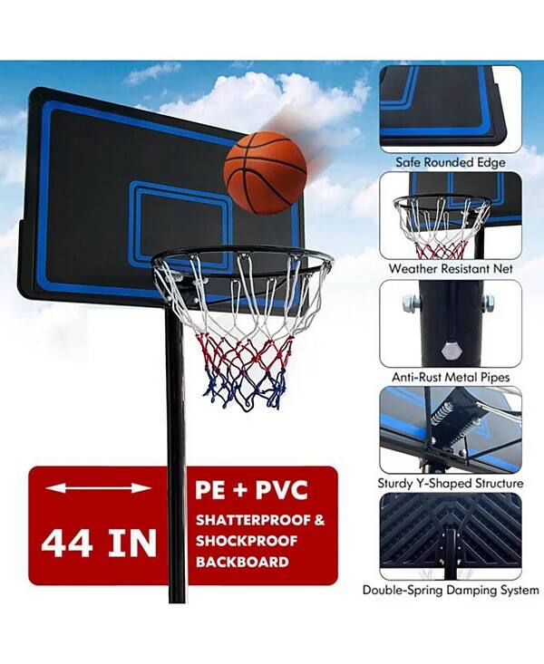 - Safe Rounded Edge
- Weather Resistant Net
- Anti-Rust Metal Pipes
- PE + PVC
- SHATTERPROOF & SHOCKPROOF BACKBOARD
- 44 IN
- Sturdy Y-Shaped Structure
- Double-Spring Damping System