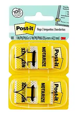 100 Post-it flags
flags | languettes | banderitas
1 IN/PO/PULG X 1.7 IN/PO/PULG (25.4 mm X 43.2 mm)
3M NZE BZ
NOTARIZE
Post-it