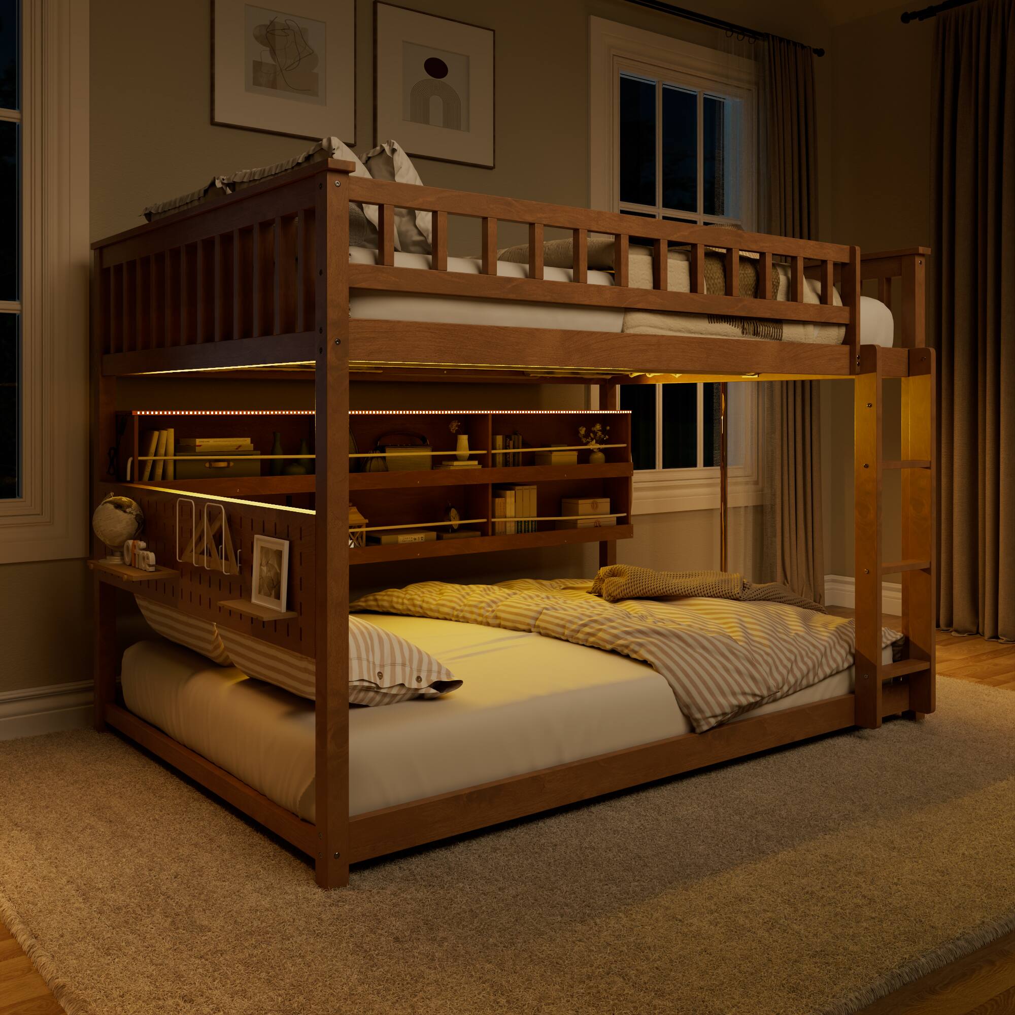 Alt View 1. Anysun - Full over Full Bunk Bed with Integrated Shelving, Color-Changing Lights and Pegboard - Brown.