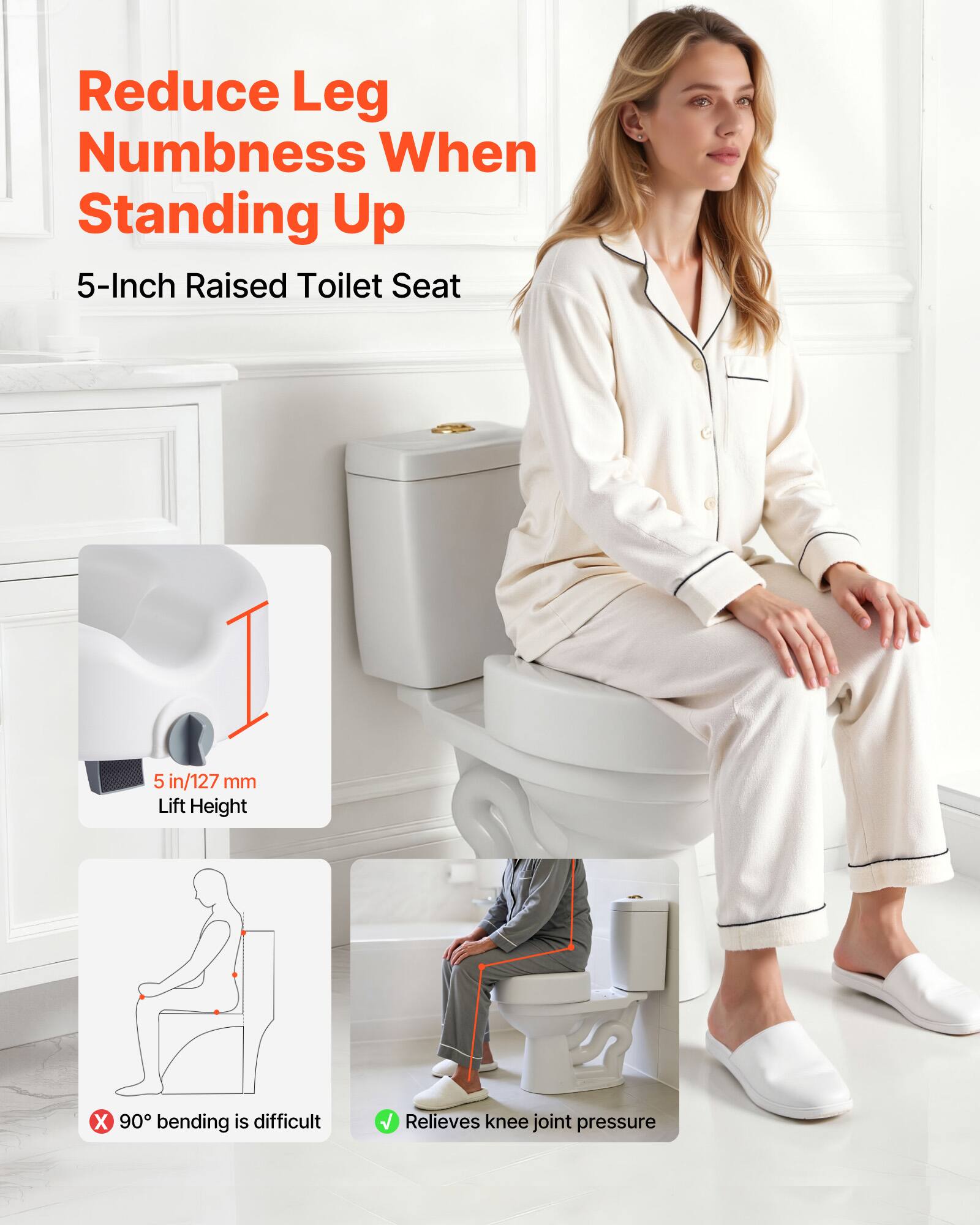 Reduce Leg Numbness When Standing Up

5-Inch Raised Toilet Seat

5 in/127 mm Lift Height

90° bending is difficult

Relieves knee joint pressure