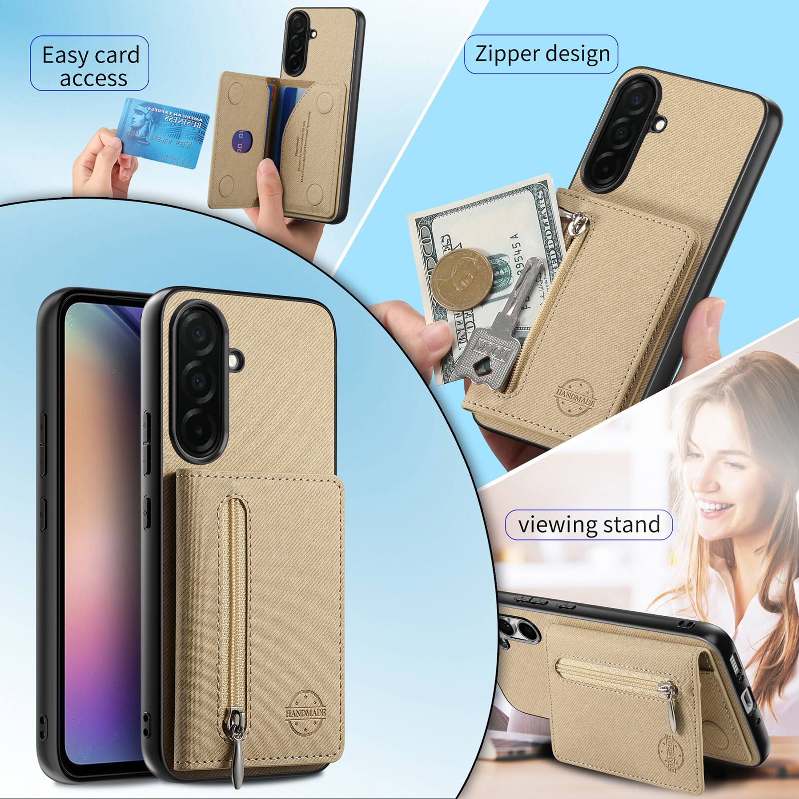 Easy card access  
Zipper design  
HANDMADE  
viewing stand