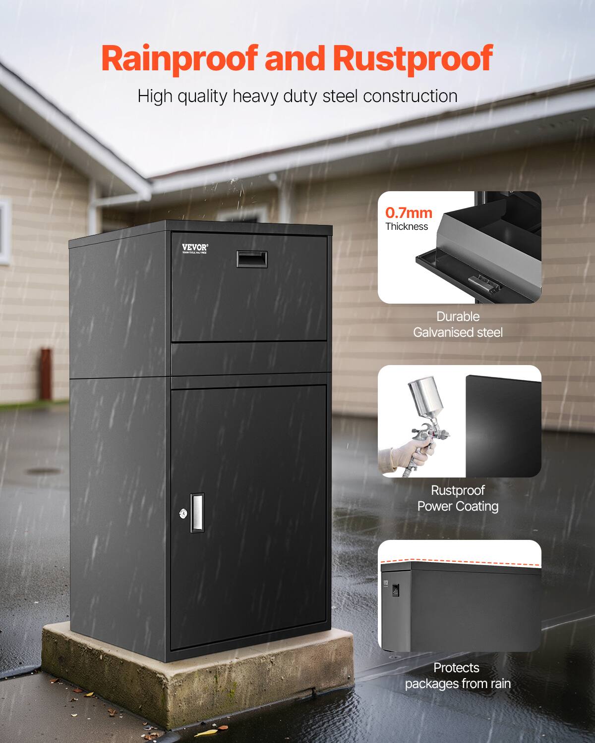 Rainproof and Rustproof
High quality heavy duty steel construction
0.7mm Thickness
VEVOR
Durable Galvanised steel
Rustproof Power Coating
Protects packages from rain