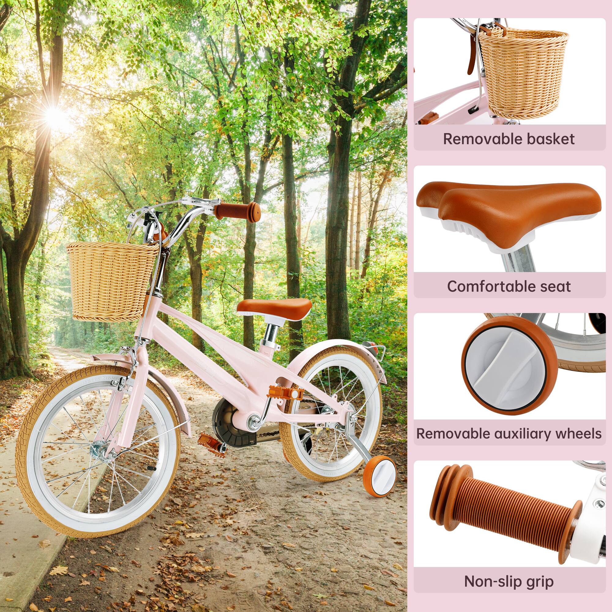 - Removable basket
- Comfortable seat
- Removable auxiliary wheels
- Non-slip grip