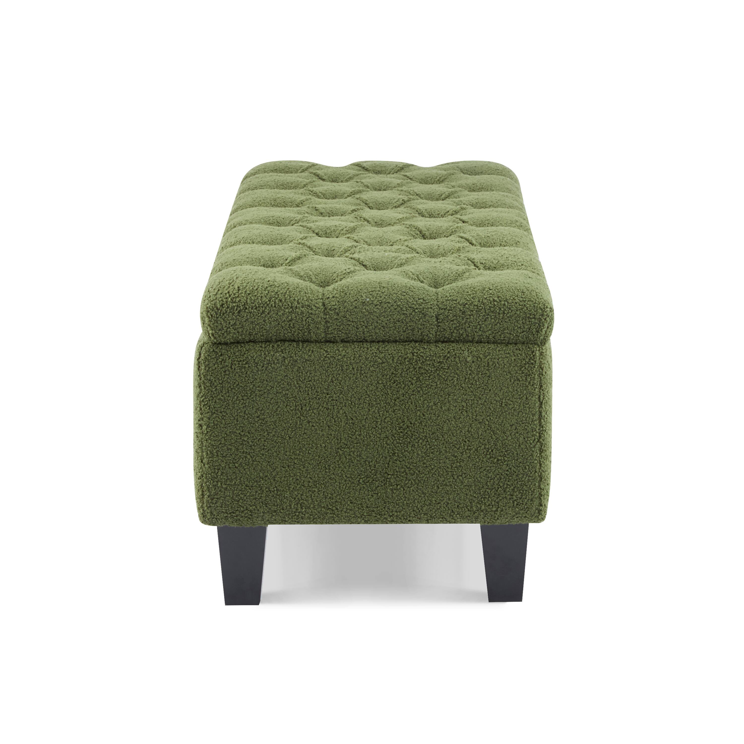 Left. Loheer - Boucle Storage Ottoman Bench with Hidden Compartment and Solid Rubber Wood Legs, 300 lbs Capacity - Green.