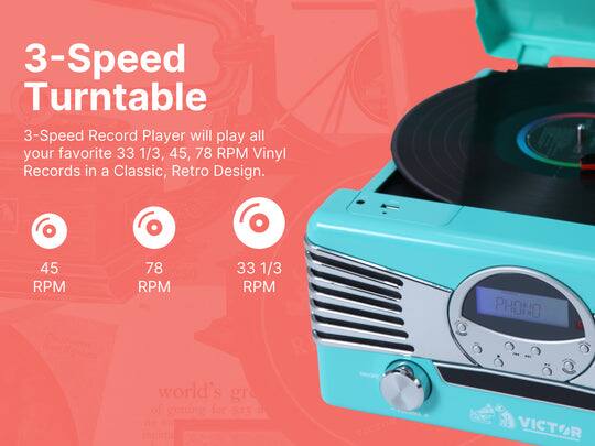 3-Speed Turntable

3-Speed Record Player will play all your favorite 33 1/3, 45, 78 RPM Vinyl Records in a Classic, Retro Design.

45 RPM  
78 RPM  
33 1/3 RPM

PHONO

world's greatest  
of getting  
for 2023

VICTOR