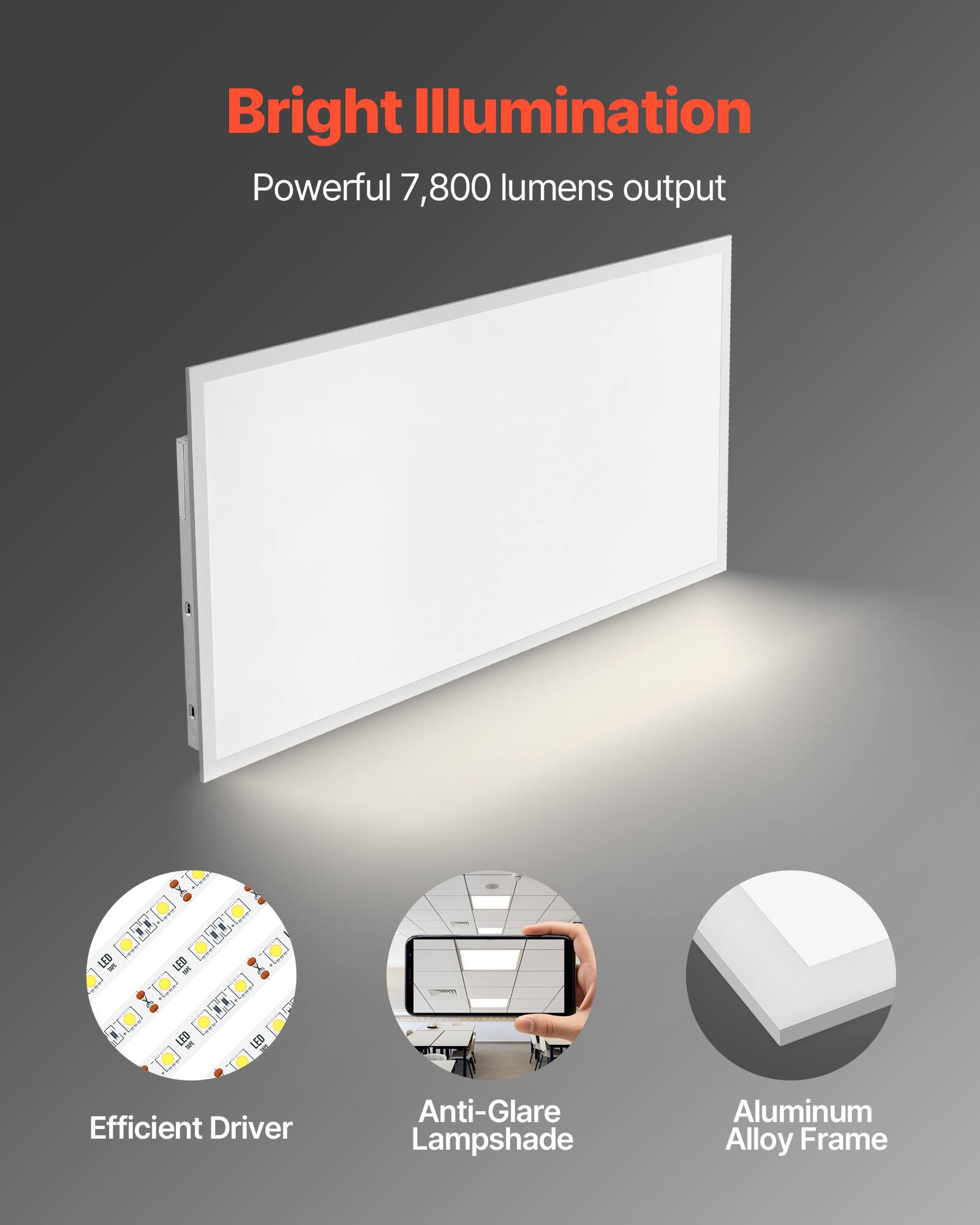 Bright Illumination  
Powerful 7,800 lumens output  

Efficient Driver  
Anti-Glare Lampshade  
Aluminum Alloy Frame