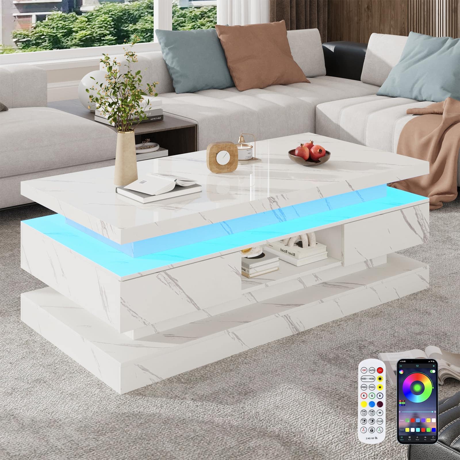 Front. Lent Glitter Wood - 47.2" LED Coffee Table with 2 Drawers & Double Storage High Gloss Modern Design - white.