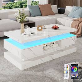 Lent Glitter Wood - 47.2" LED Coffee Table with 2 Drawers & Double Storage High Gloss Modern Design - White