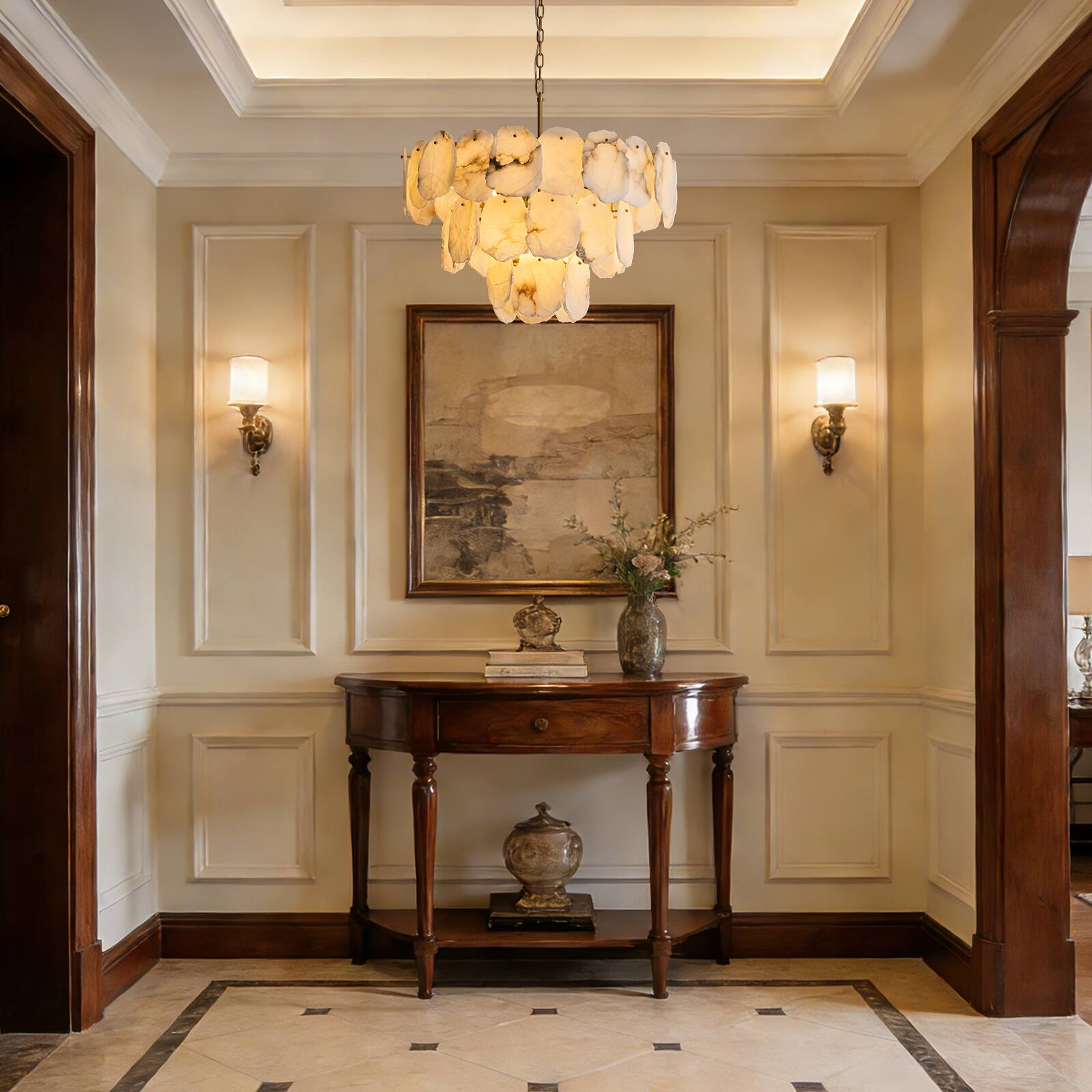 Back. Siljoy - 32 In Modern Empire 16 Light Three Tier Alabaster Chandelier Brass Gold Adjustable Chain Foyer Kitchen Island - Gold Brass.