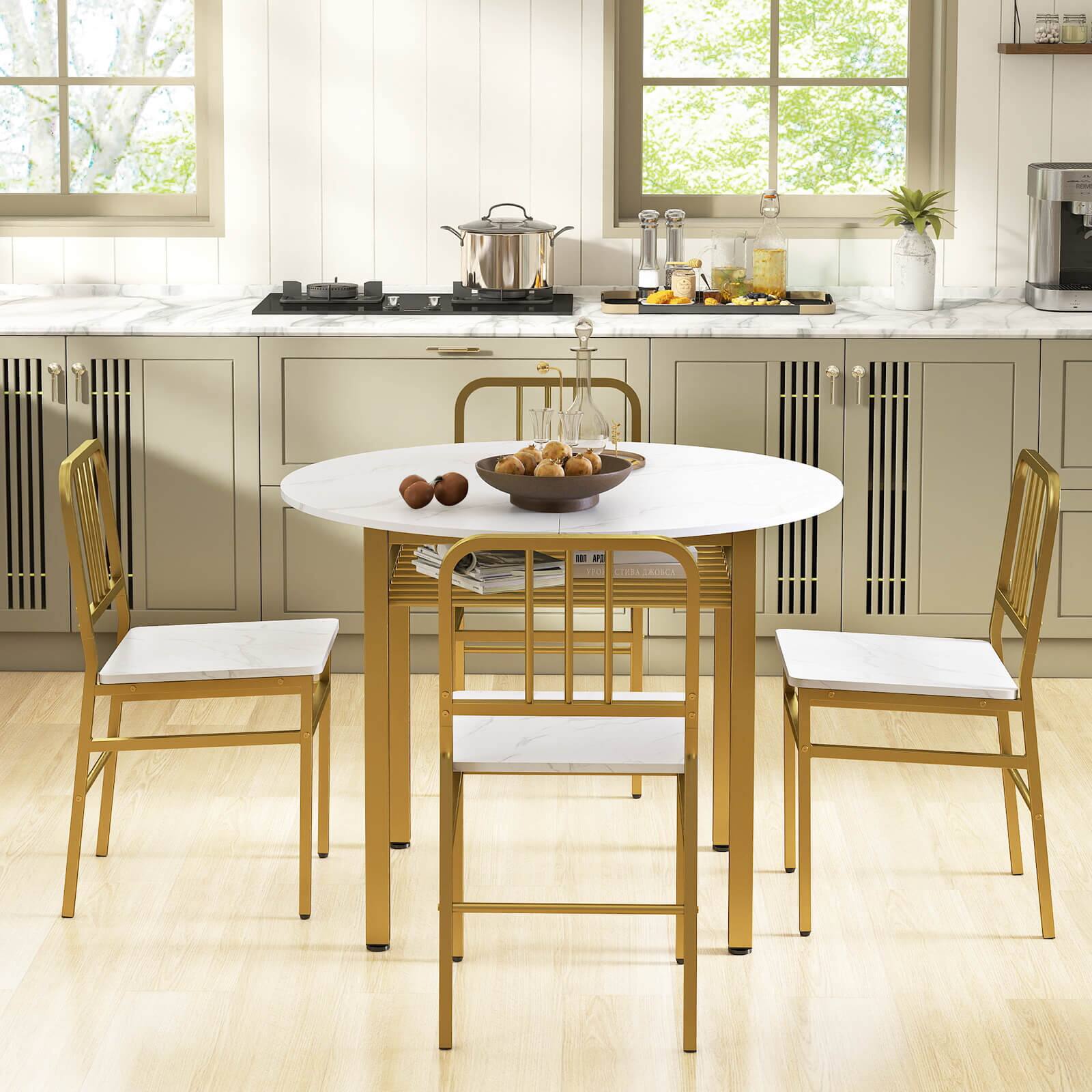 Alt View 1. Costway - Costway 5-Piece Round Dining Table Set, Space-saving Dinette Table Set with Storage Shelf - White,Gold.