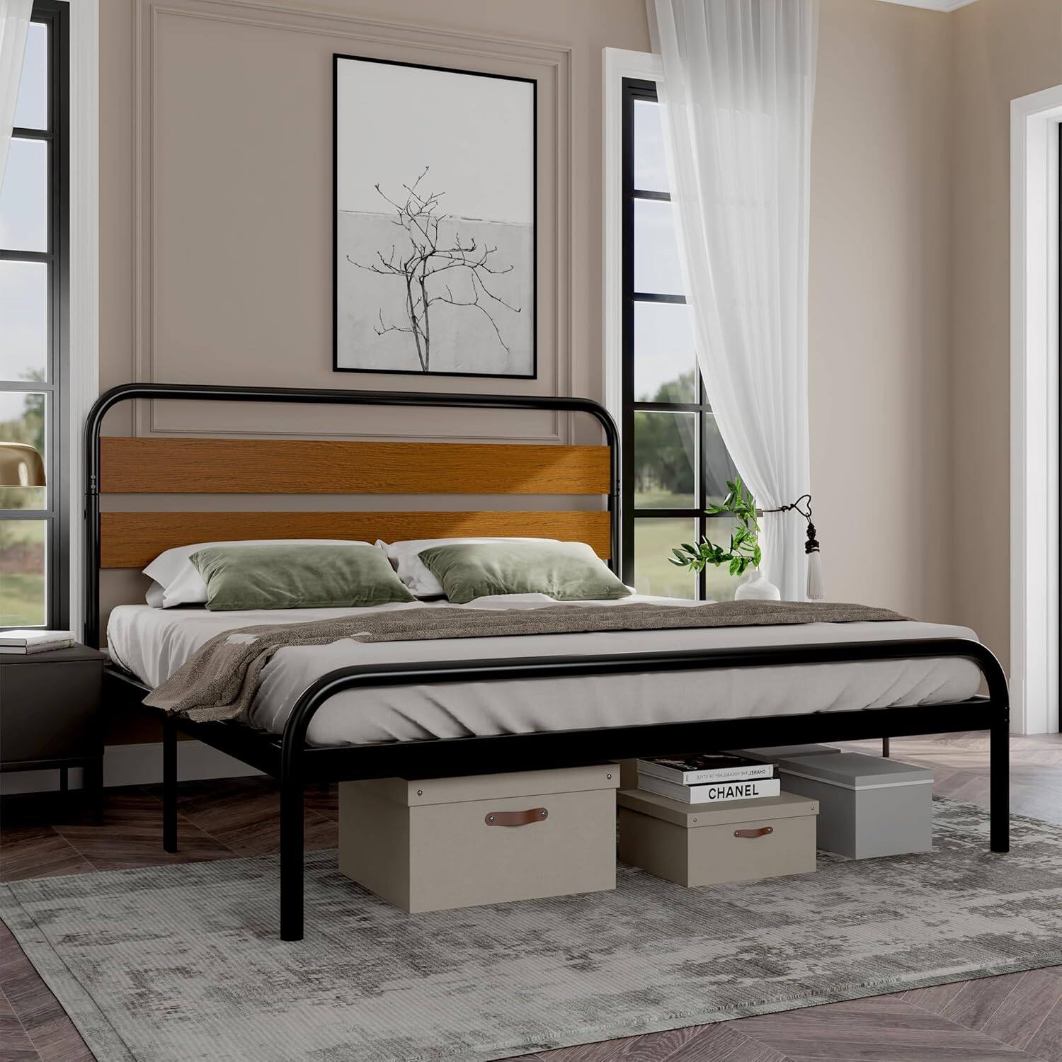 Alt View 2. GARVEE - King Platform Bed Frame with Upholstered Headboard & Under-Bed Storage, Noise-Free, Easy Assembly - Sandalwood Brown.