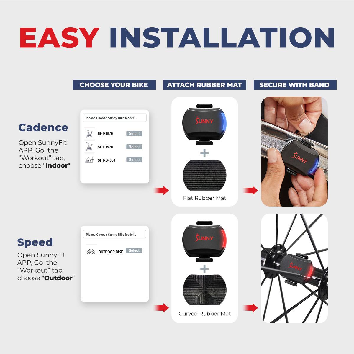 EASY INSTALLATION

CHOOSE YOUR BIKE  
ATTACH RUBBER MAT  
SECURE WITH BAND

Cadence  
Open SunnyFit APP, Go the "Workout" tab, choose "Indoor"  
Please Choose Sunny Bike Model...  
SF-B1970 Select  
SF-RB4850 Select

Speed  
Open SunnyFit APP, Go the "Workout" tab, choose "Outdoor"  
Please Choose Sunny Bike Model...  
OUTDOOR BIKE Select

Flat Rubber Mat  
Curved Rubber Mat